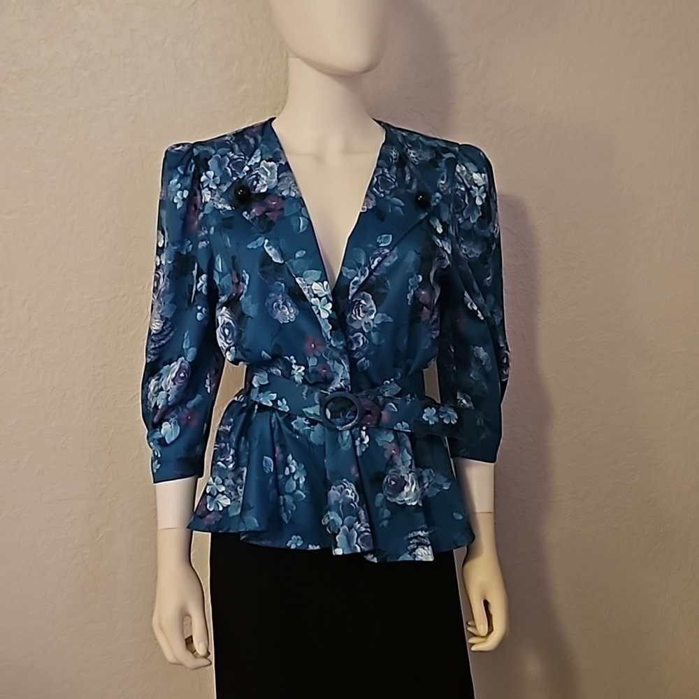 VTG 1980s TABBY Teal Floral Surplice Belt Waist Peplum Castlecore Blouse - Picture 3 of 8